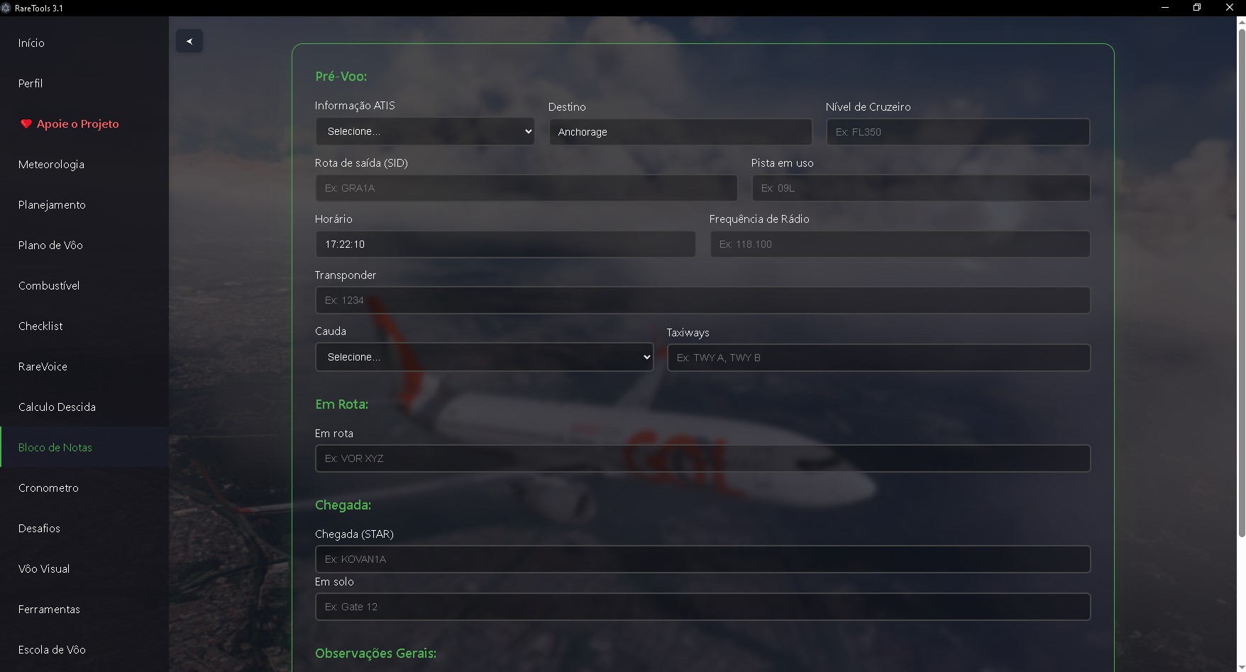 Bloco de Notas - Anotações de voo com ATIS, SID/STAR e frequências